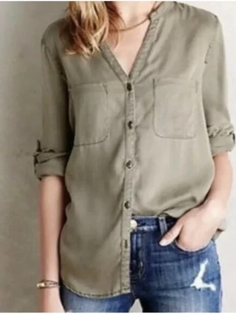 Anthropologie Holding Horses Olive Green Button Front Utility Shirt pockets S